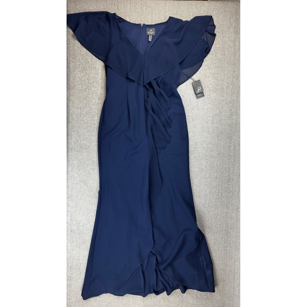 Adrianna Papell Dress 10‎ Navy Blue Crepe Chiffon Gown Ruffle V-Neck Maxi